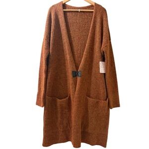 Free People Gale Longline Cardigan NWT Alpaca Wool Blend Orange Rust L MSRP $198